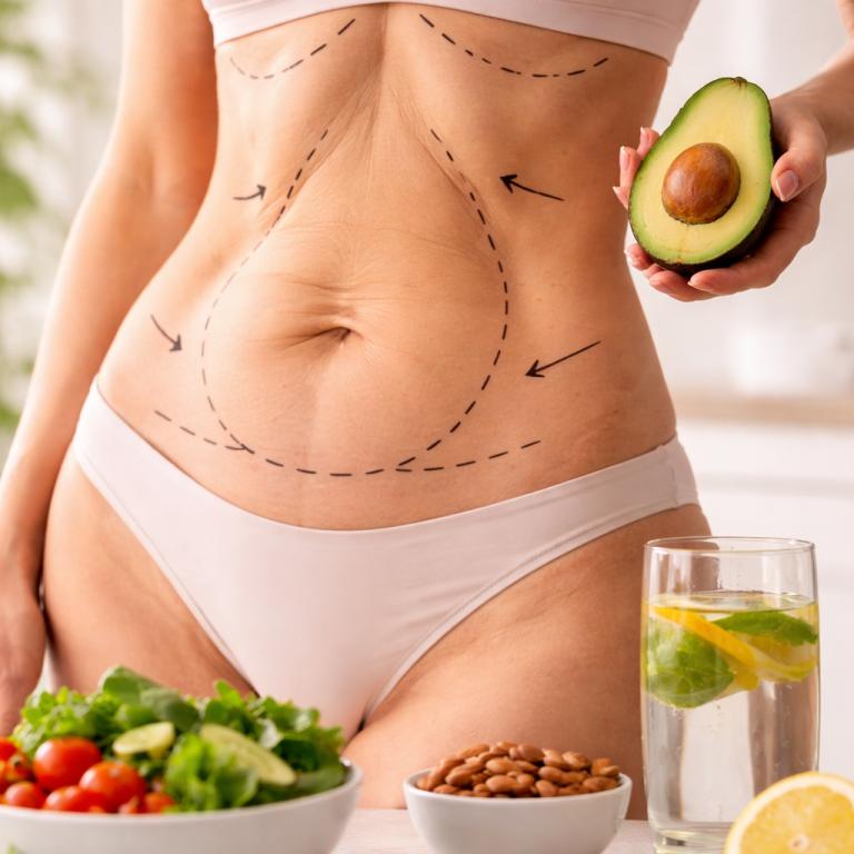 Abdômen marcado e comida saudável